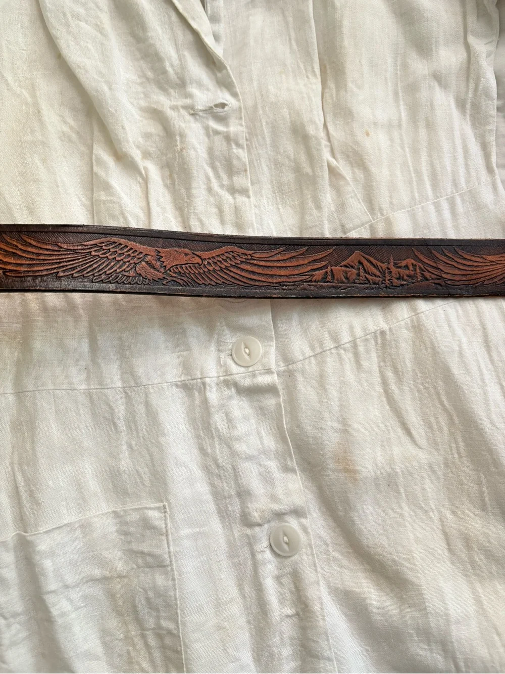 Vintage Tooled Brown Leather Belt Made USA with Silver Buckle 46 inches long
